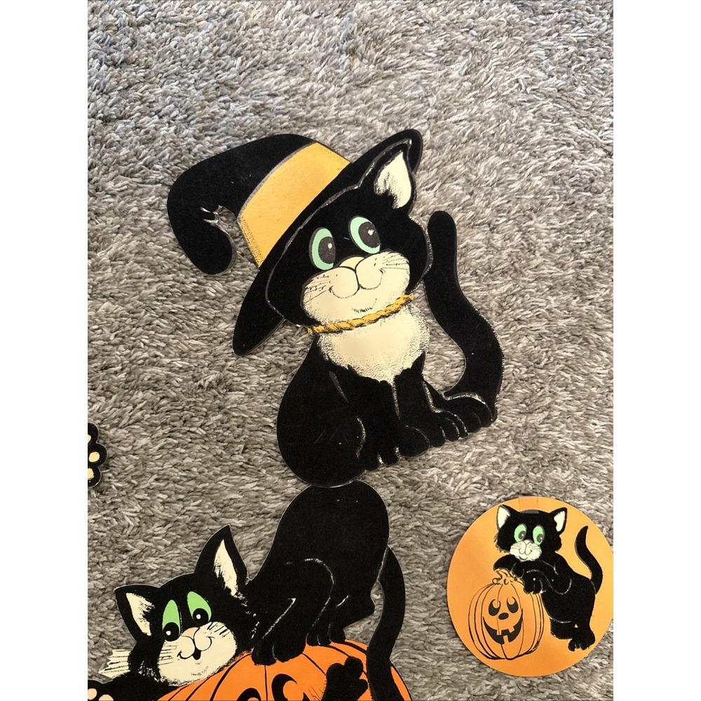 Vintage Die Cut Felt Halloween Decor Green Eyed Black Cat Lot Of 7 - Picture 3 of 11